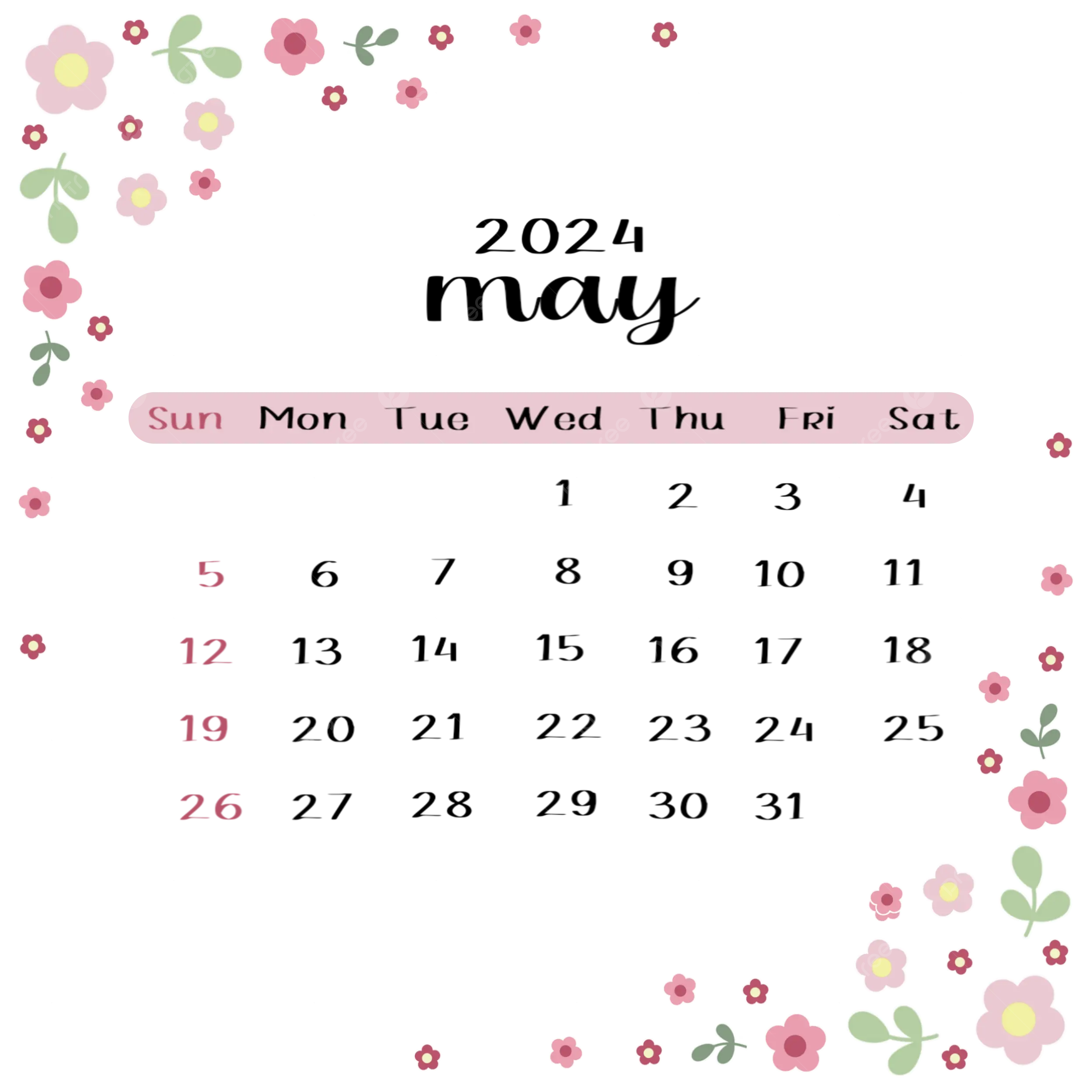 May 2024 Calendar Lovely Pink Flower