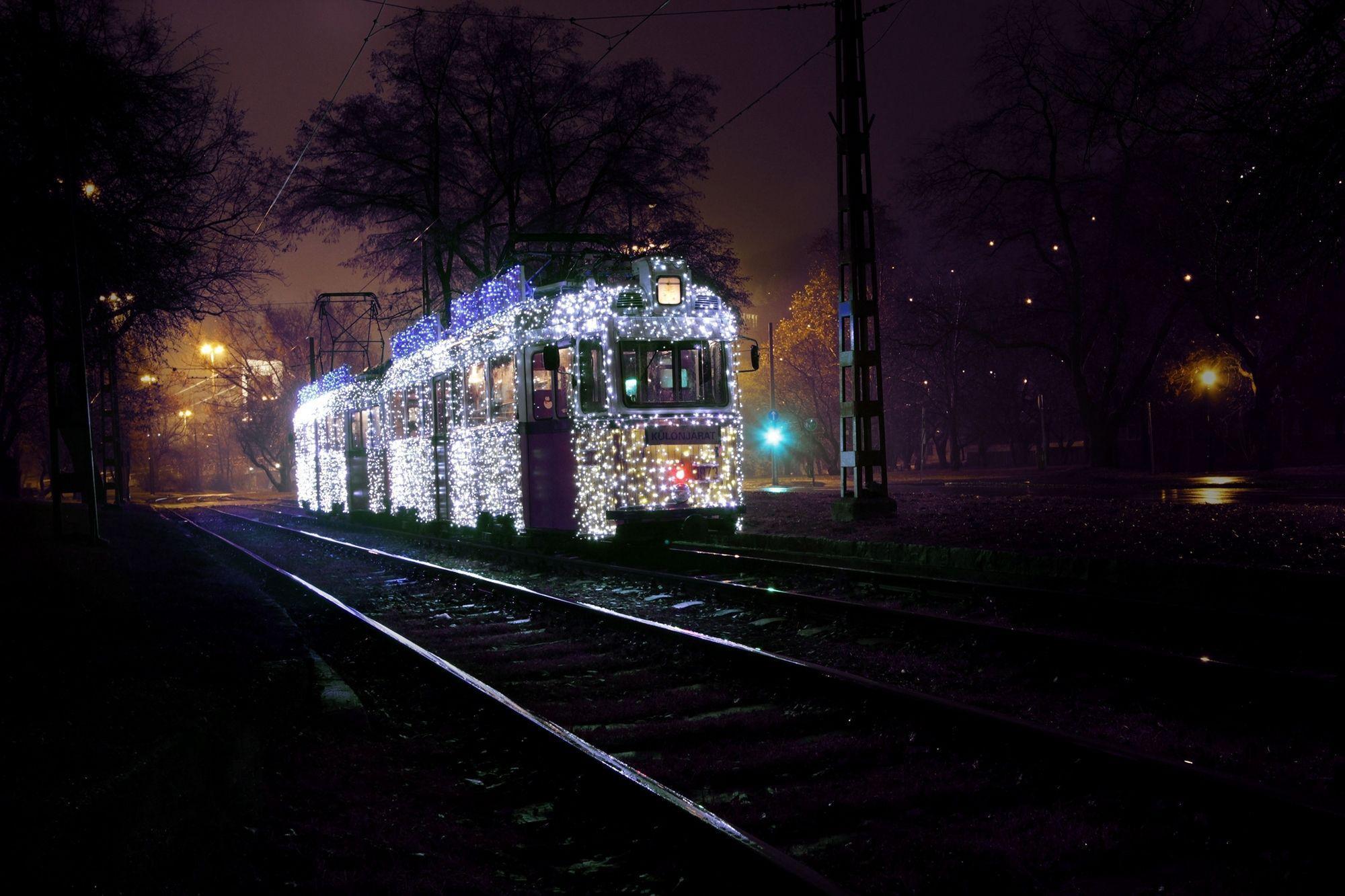 Train Covered with Holiday Lights, Budapest, Hungary widescreen