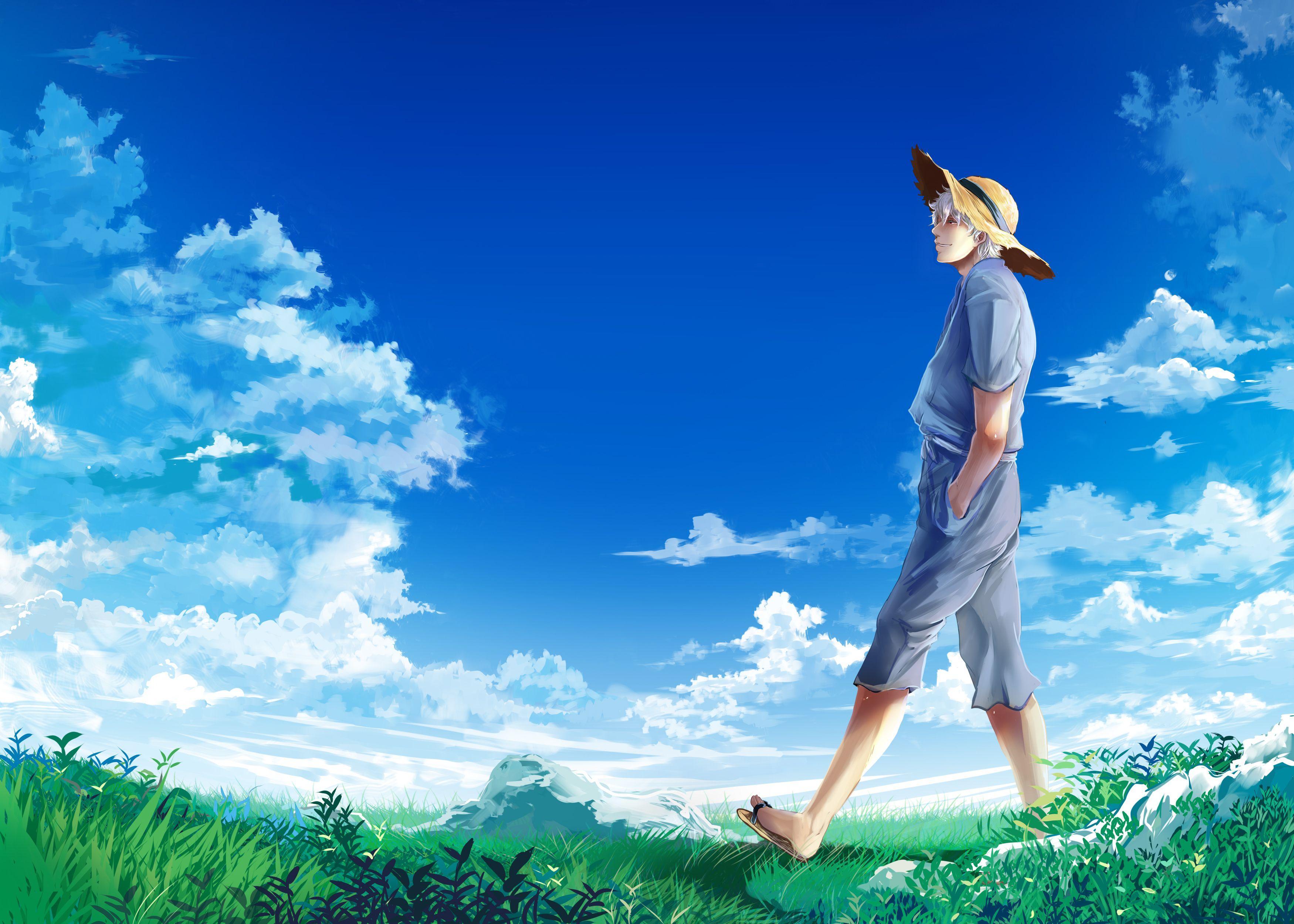 Download Wallpaper the sky, clouds, hat, meadow, guy, Gintama