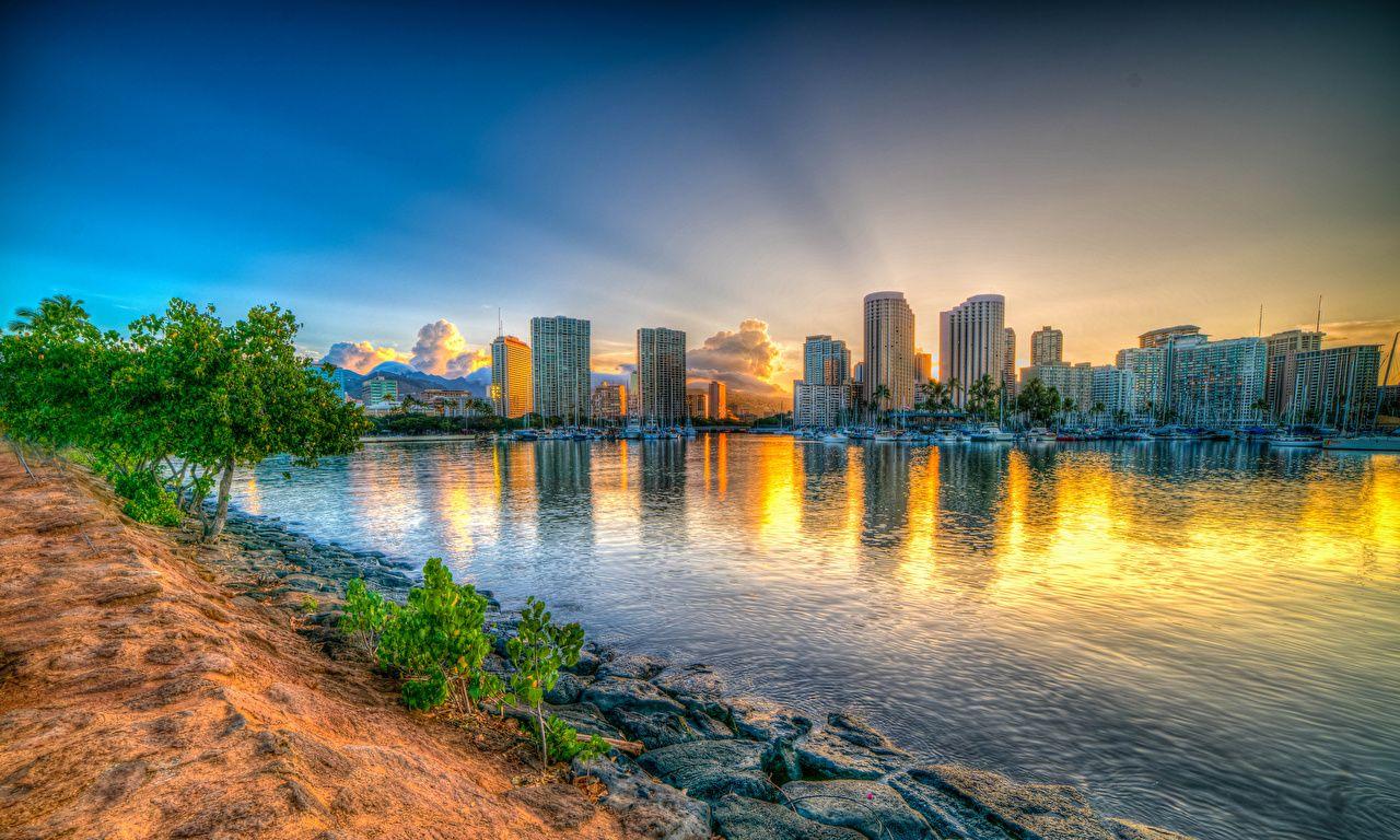 Wallpaper Hawaii Honolulu HDR Sunrises and sunsets Bay Coast Cities