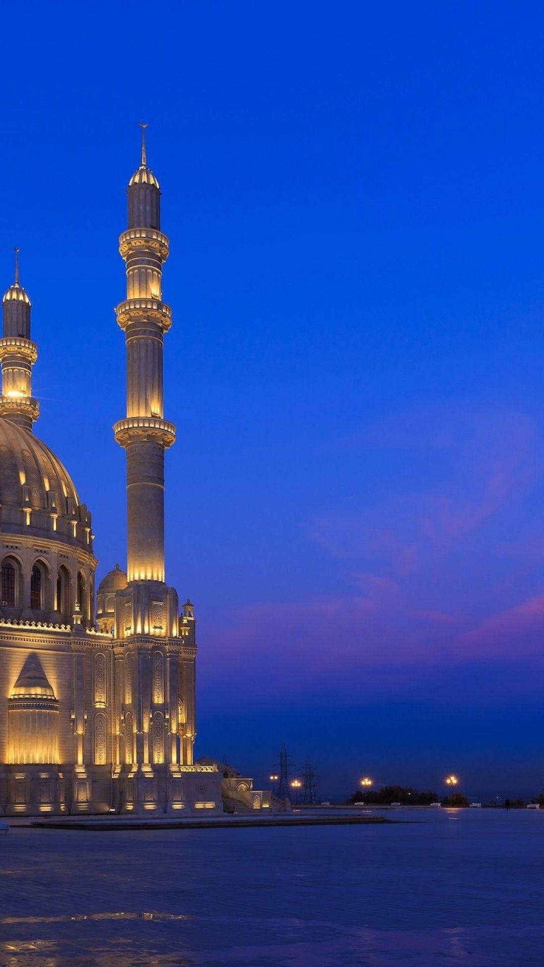 Download 1080x1920 Heydar Mosque, Azerbaijan Baku, Lights, Night
