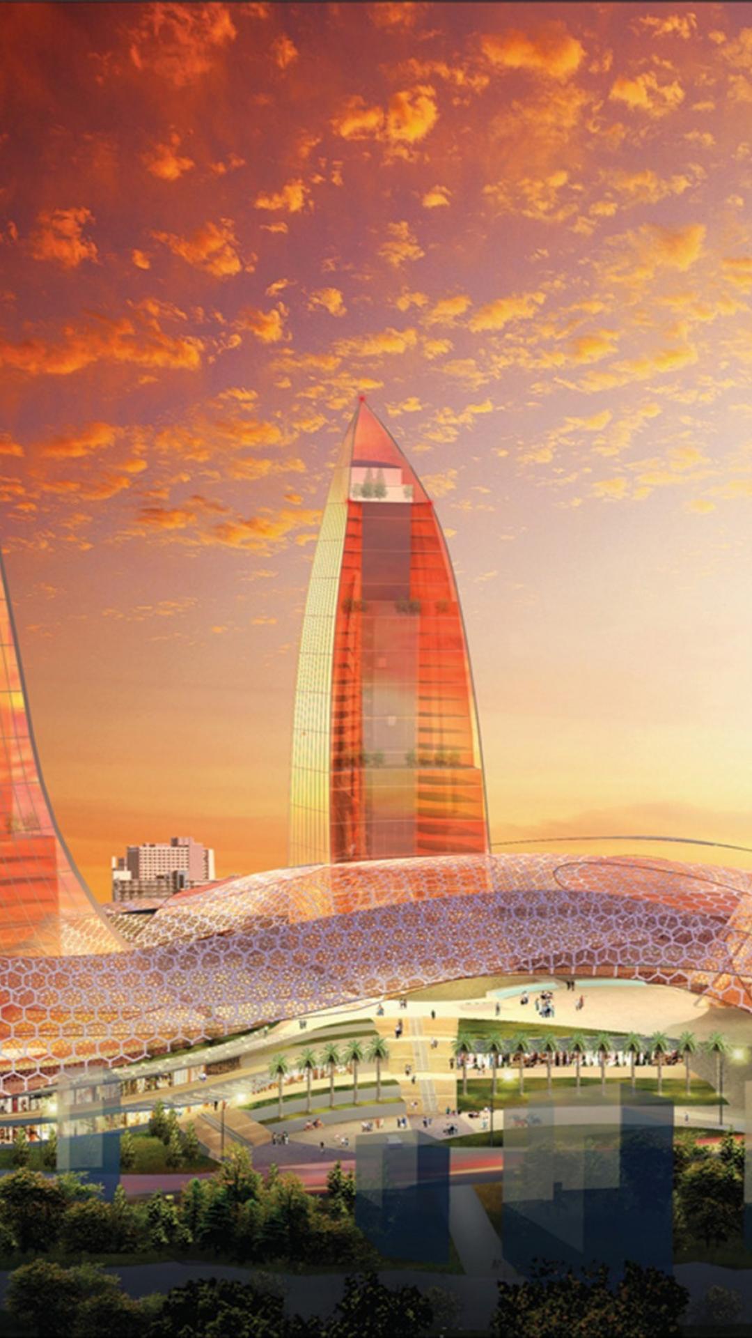 Futuristic architecture design buildings flame azerbaijan baku