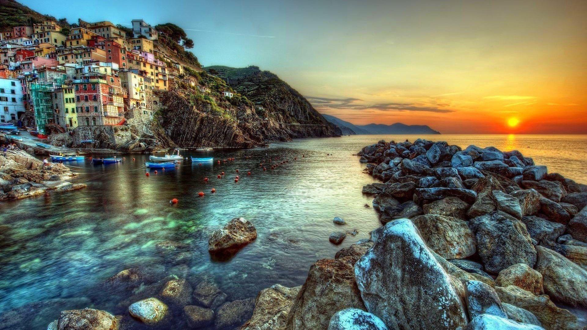 Sunset: Amalfi Coast Houses Cliffs Rocks Italy Sun Sea Sunset
