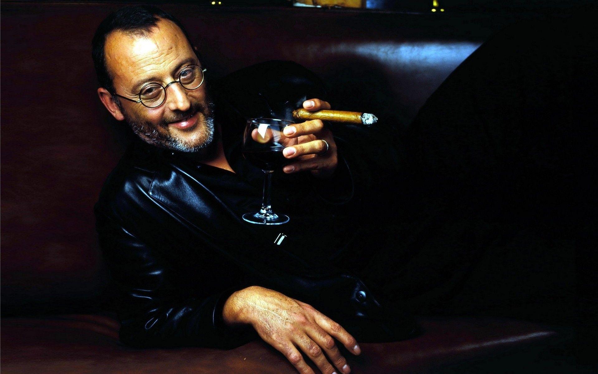 Actor Jean Reno with Cigar and a Glass of Wine widescreen wallpaper