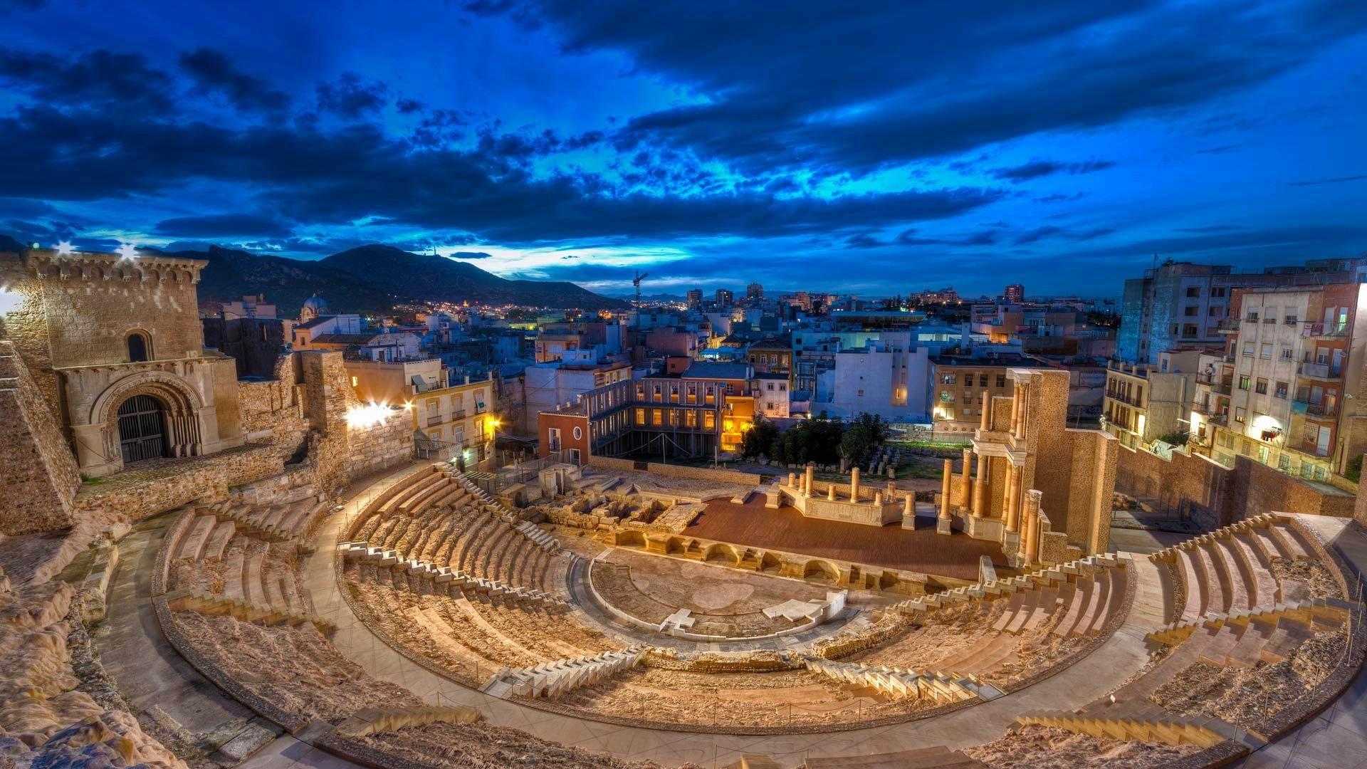 Wallpaper clouds, roman theater, night, lights, ruins, Cartagena