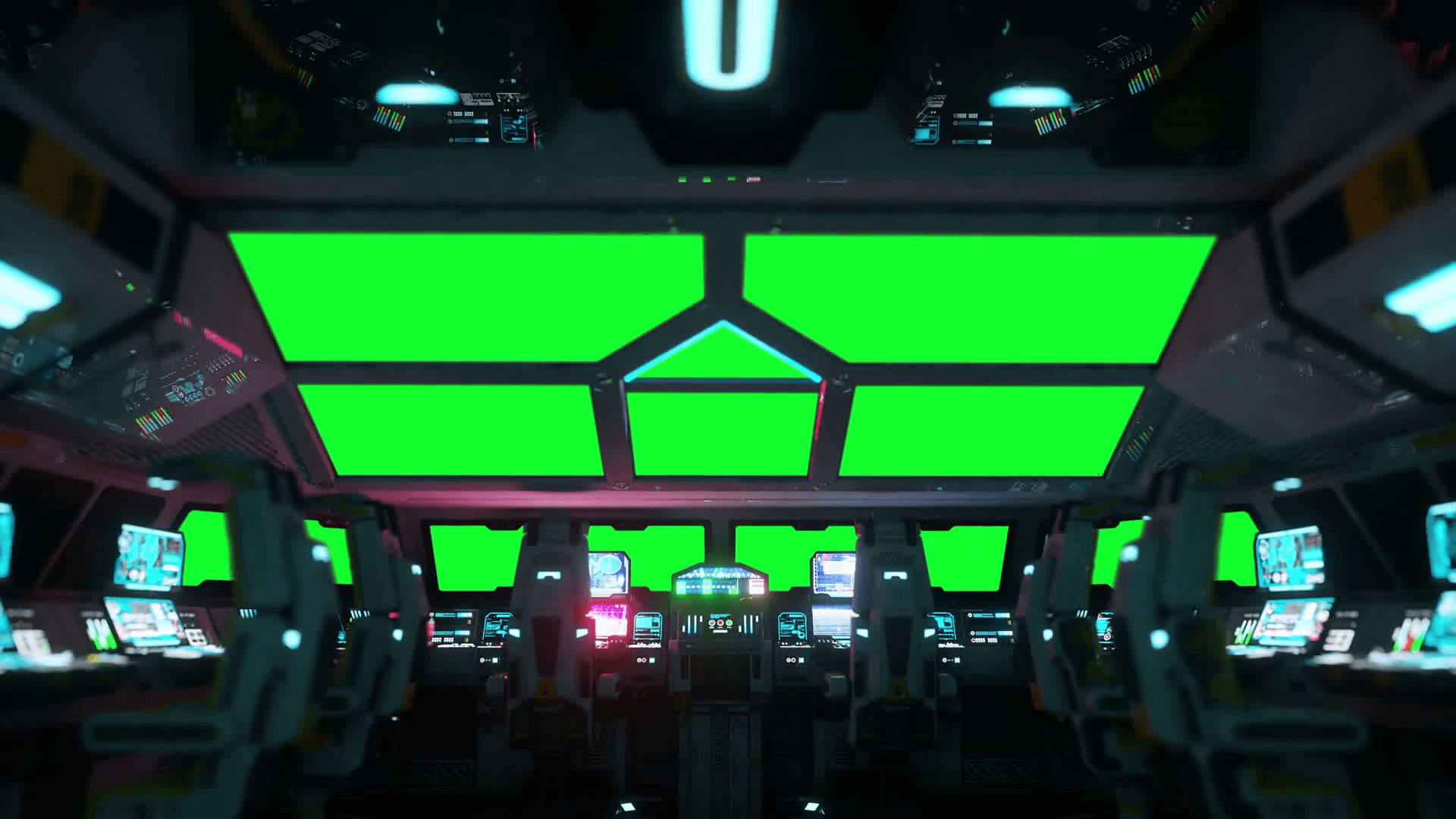space ship futuristic interior. Cabine view. Green screen footage