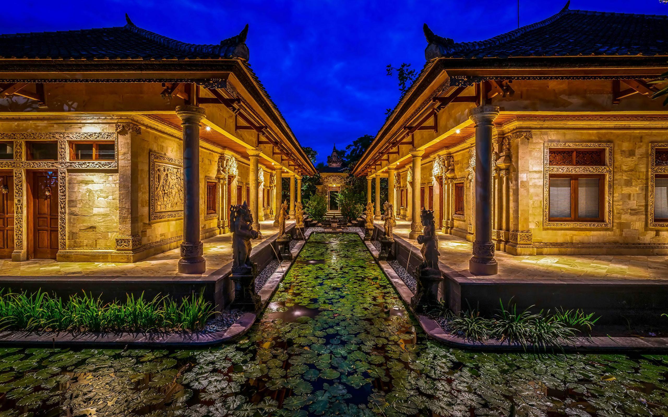 Wallpaper Indonesia Bali HDRI Pond night time Houses 2560x1600