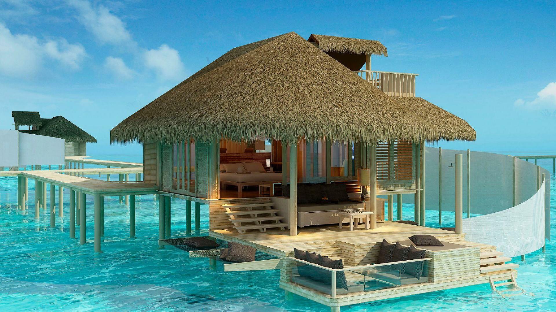 Overwater Bungalows In The Olhuveli Island, Maldives HD Wallpaper