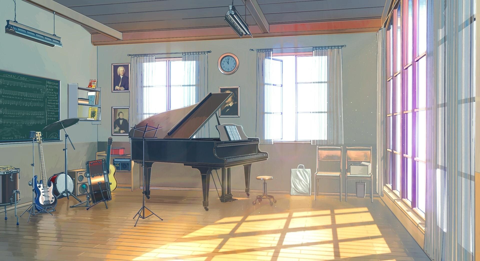 Download 1920x1046 Anime Classroom, Piano, Instruments, Sunlight