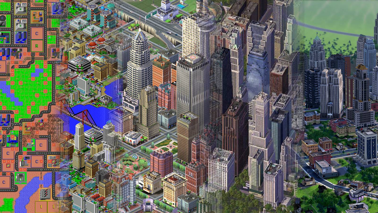I made a wallpaper showing the Evolution of SimCity