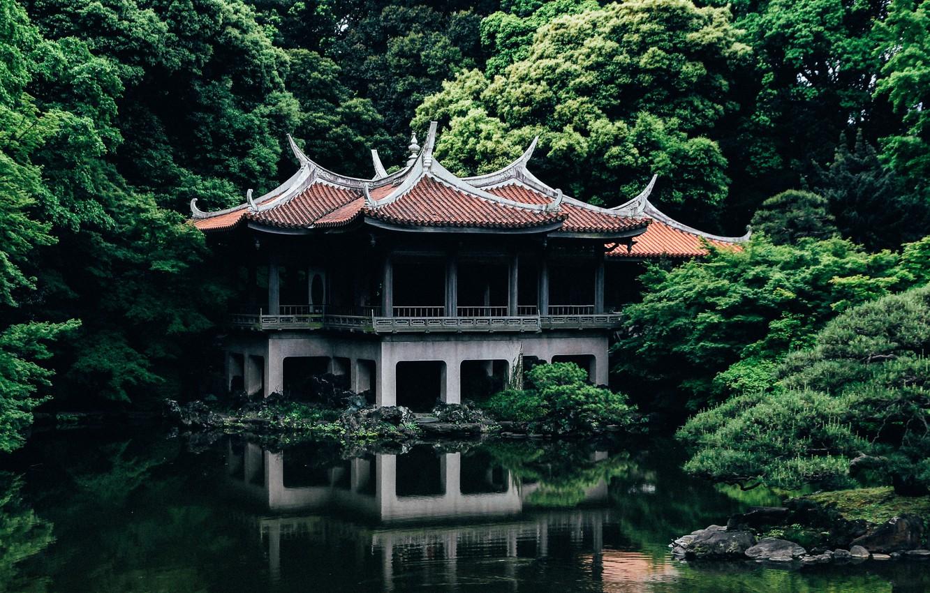 Wallpaper Nature, Lake, Trees, Japan, Tokyo, Temple, Architecture