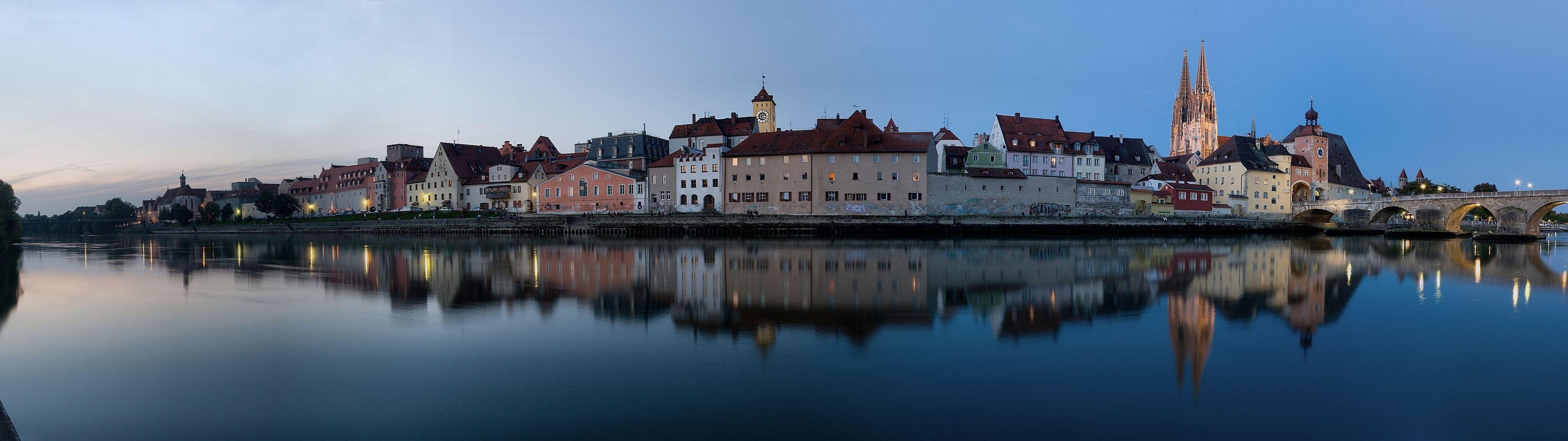 Regensburg, Germany, City, Reflection, River, Sunset, Multiple