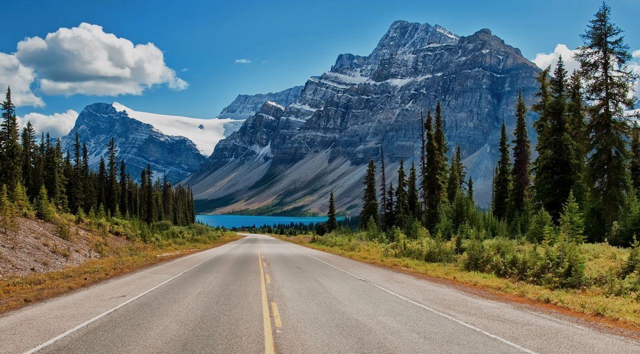 Canada Canadian Rockies road trees lake mountains wallpaper