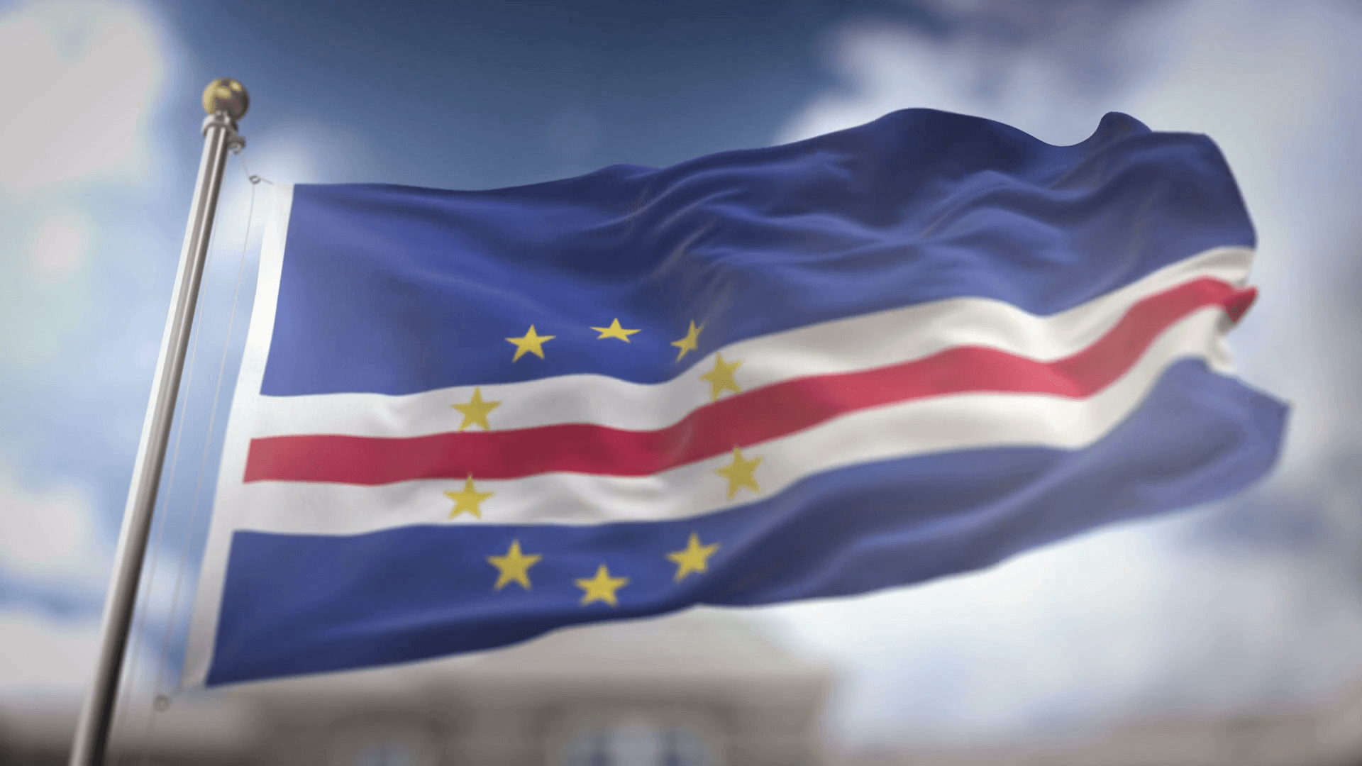 Cape Verde Flag Waving Slow Motion 3D Rendering Blue Sky Background