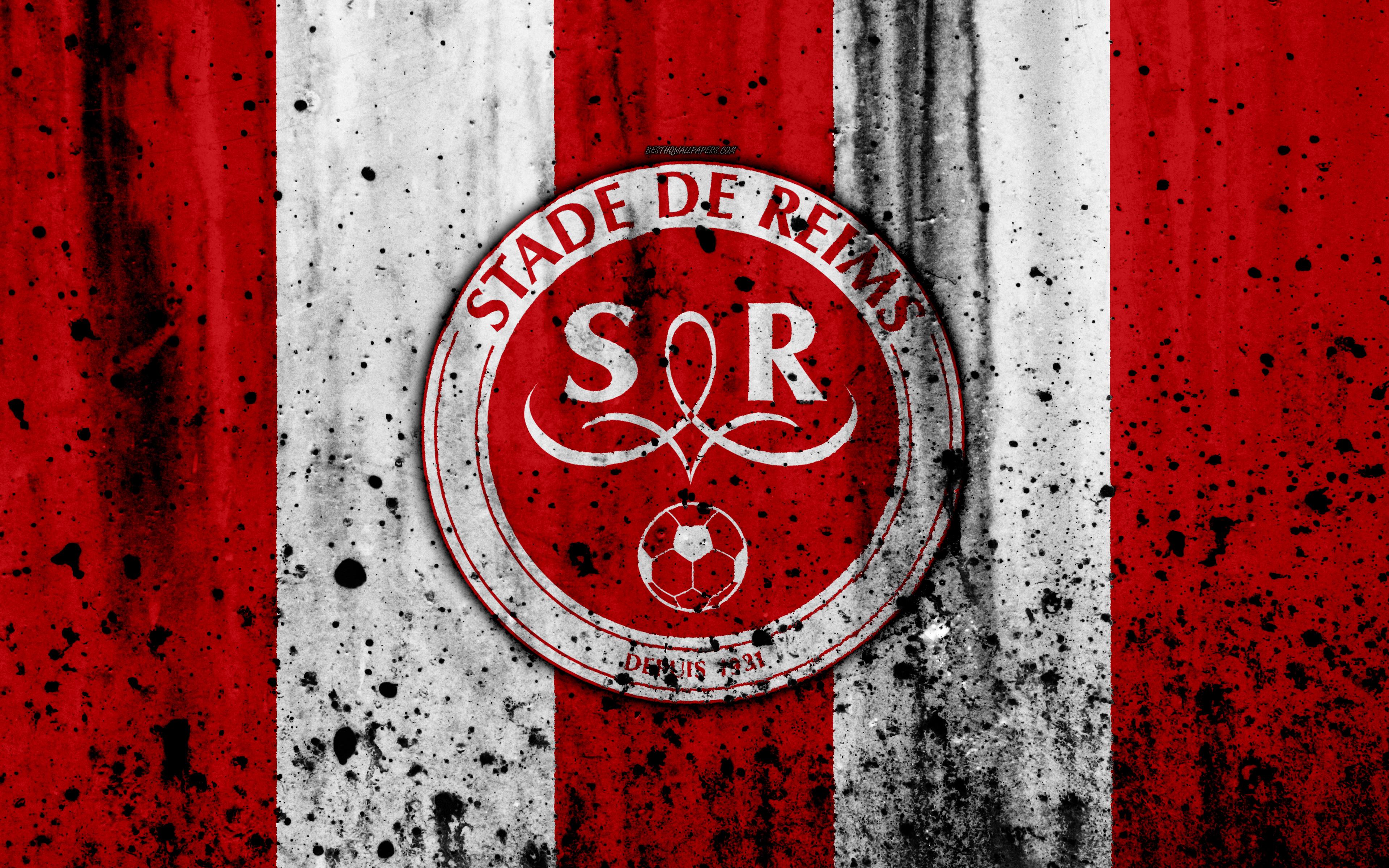 Download wallpaper FC Stade Reims, 4k, logo, Ligue stone texture