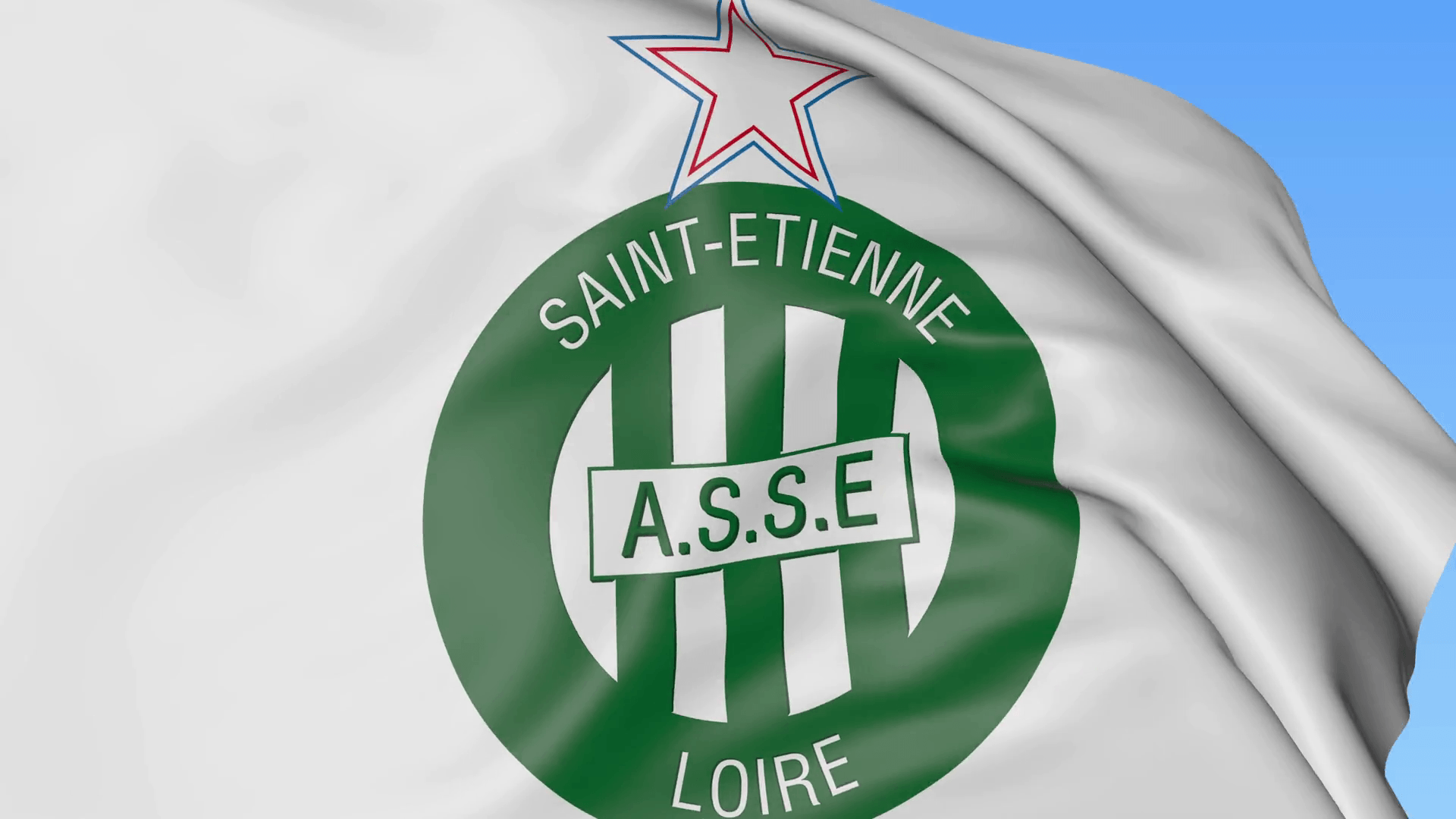 Close Up Of Waving Flag With AS Saint Etienne Football Club Logo