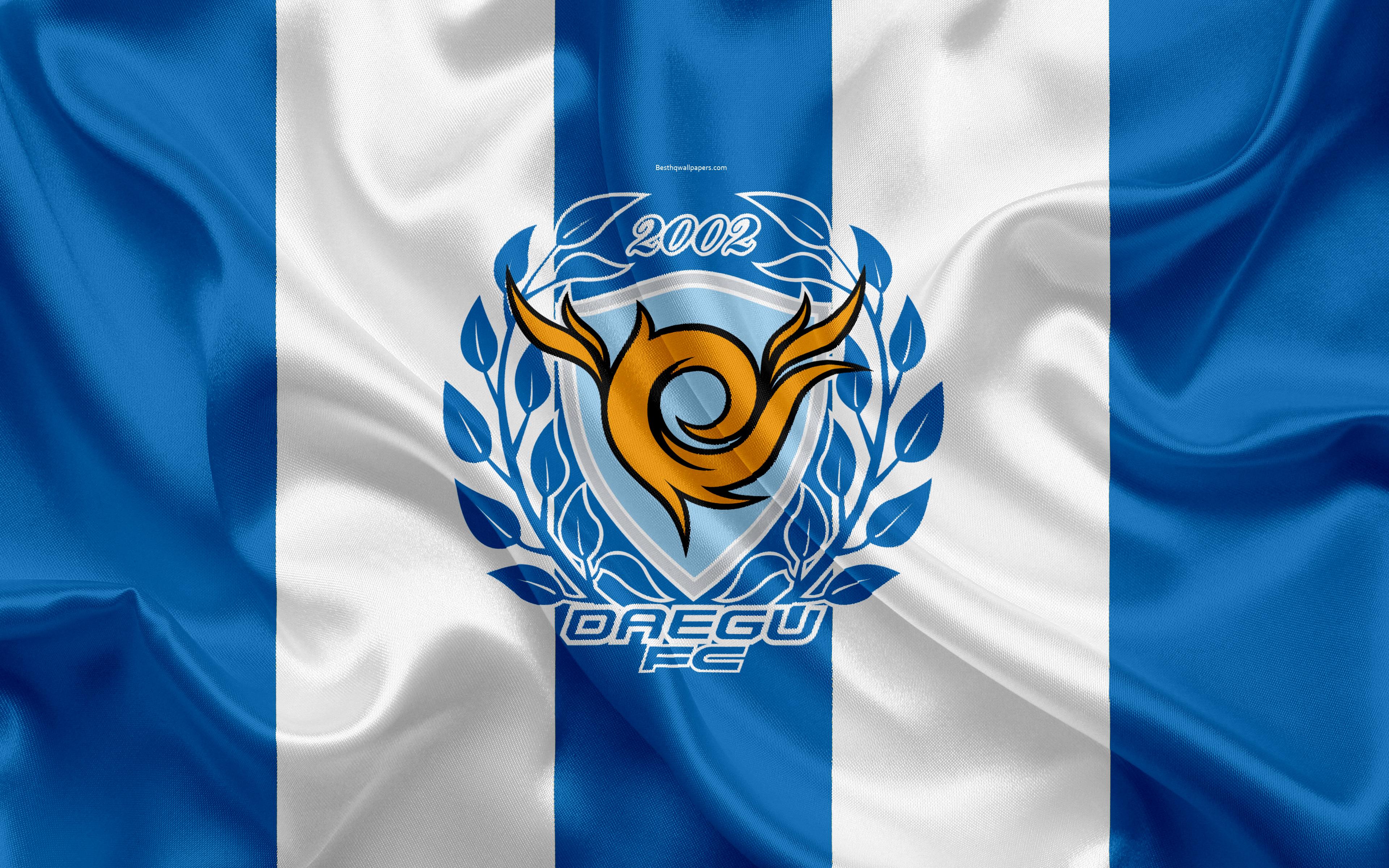 Download wallpaper Daegu FC, silk flag, 4k, logo, emblem, blue silk