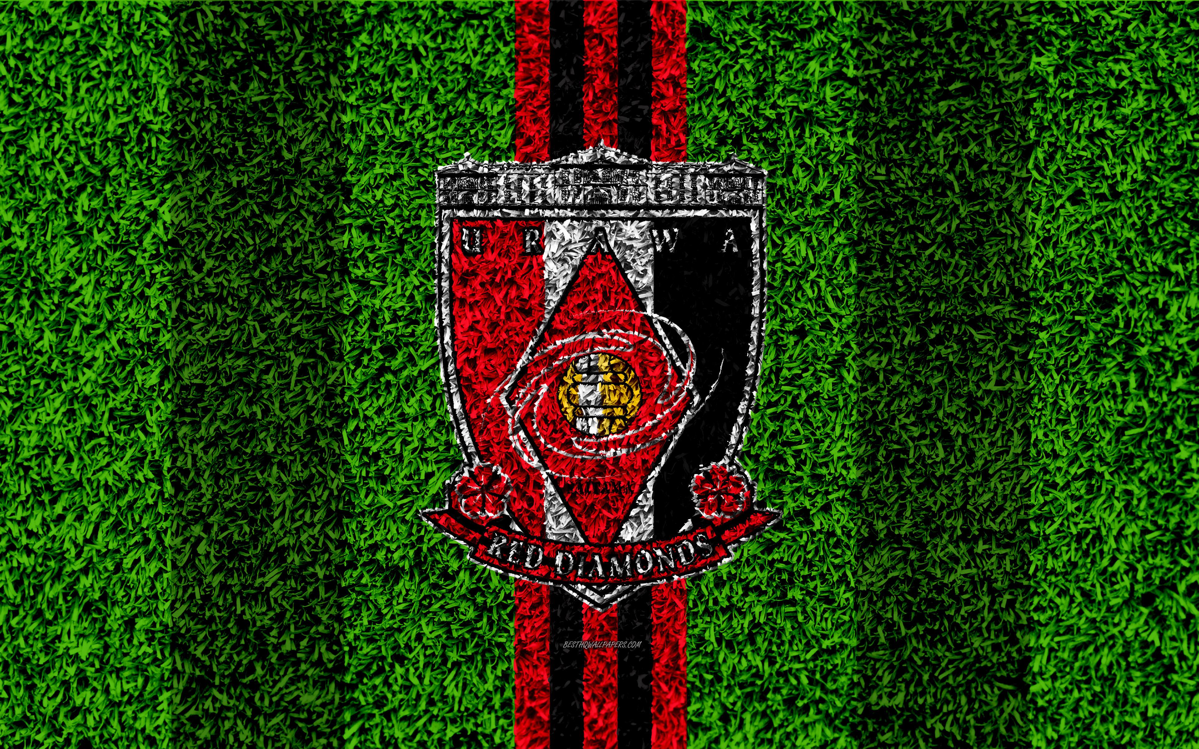 Download wallpaper Urawa Red Diamonds FC, 4k, logo, football lawn
