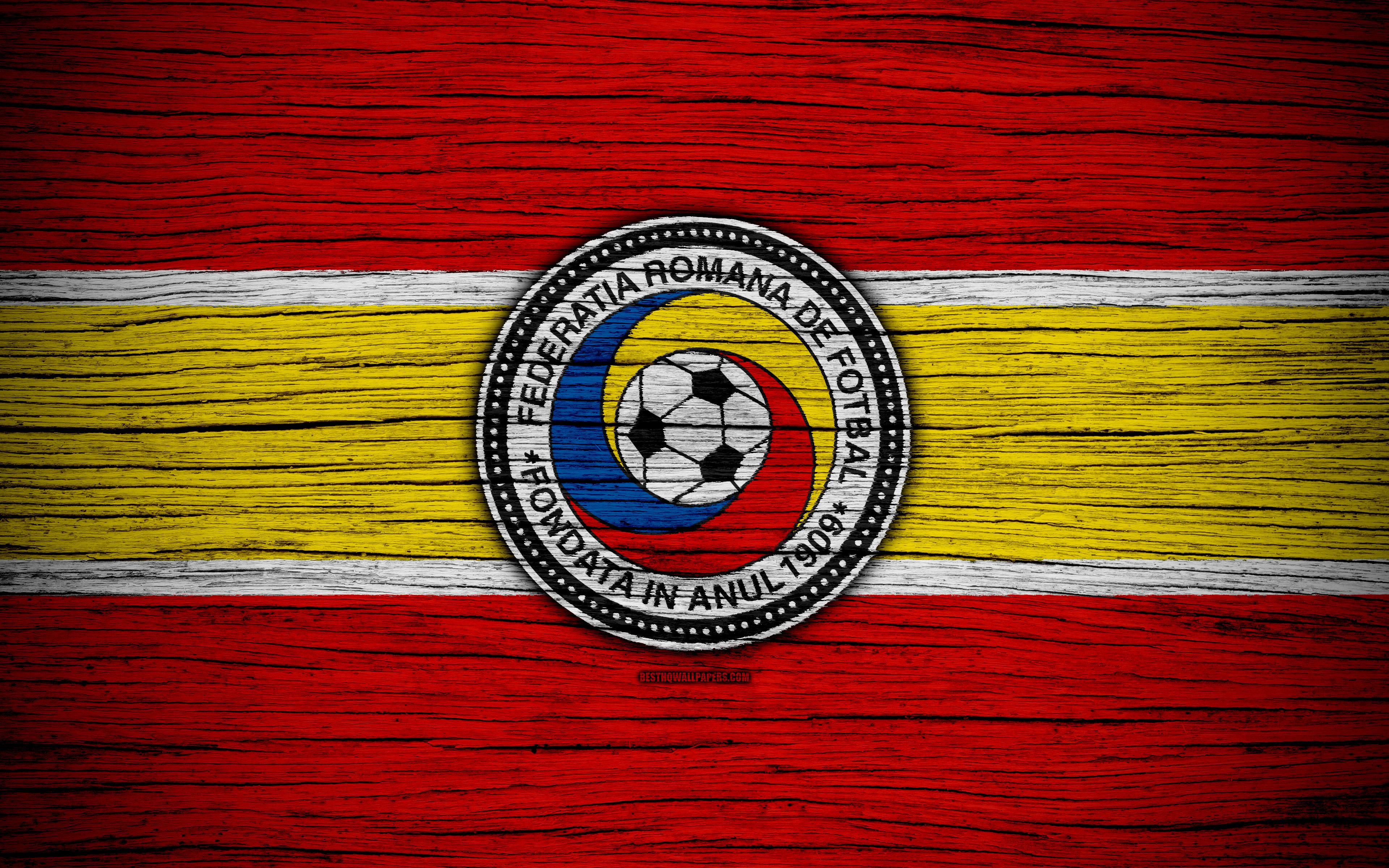 Download wallpaper 4k, Romania national football team, logo, UEFA