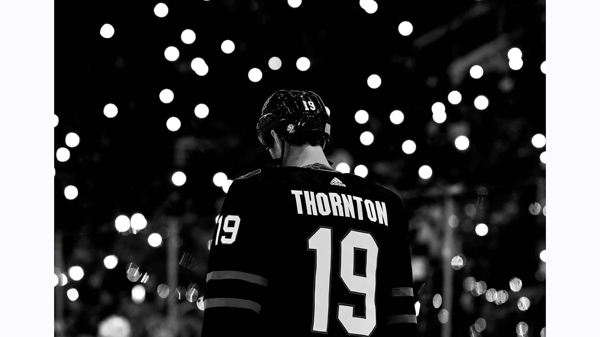 Joe Thornton of the San Jose Sharks stands for a moment
