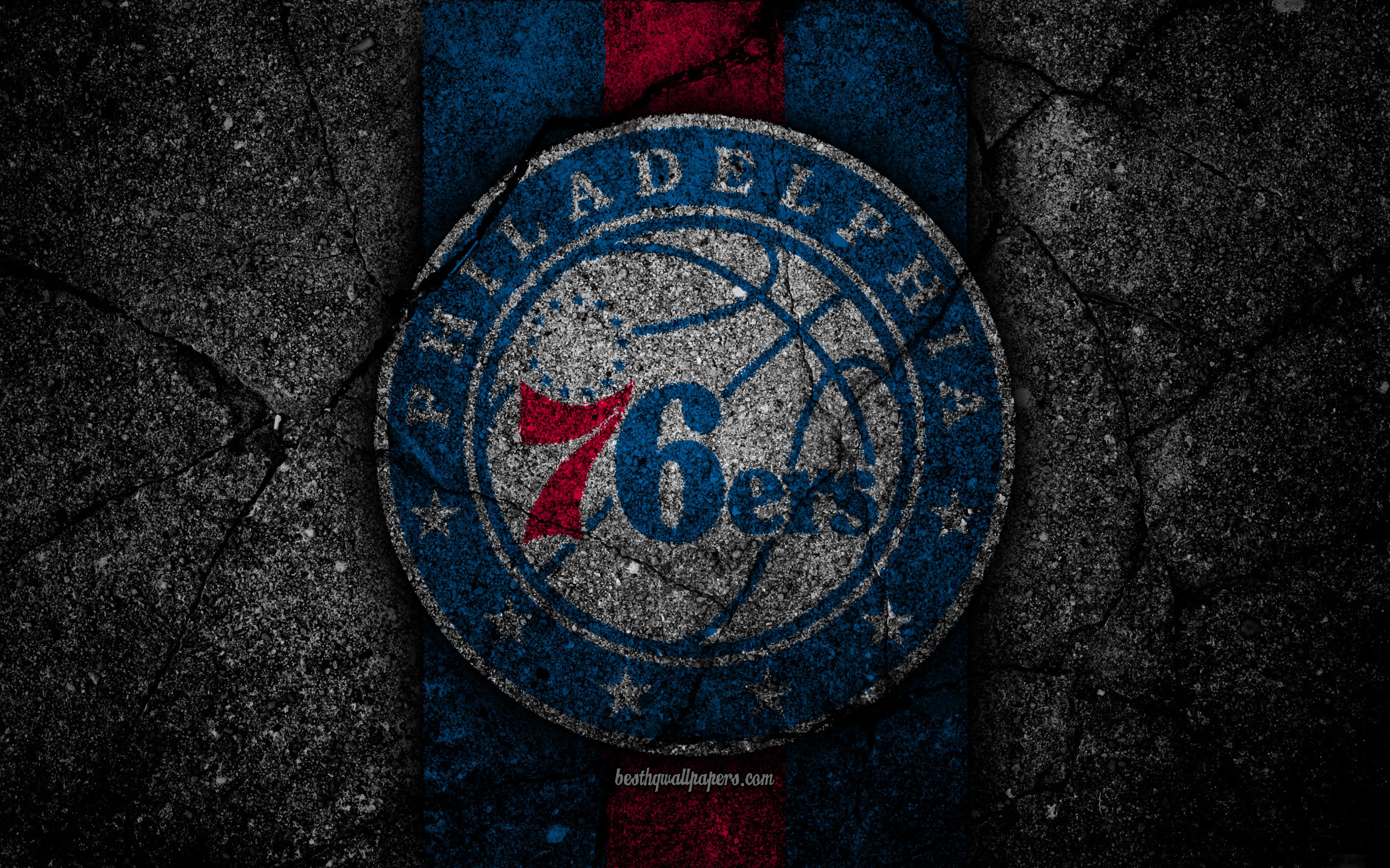 Download wallpaper Philadelphia 76ers, NBA, 4k, logo, black stone