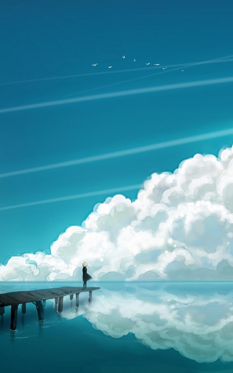 Download wallpaper 800x1280 clouds, sky, bridge, people, reflection