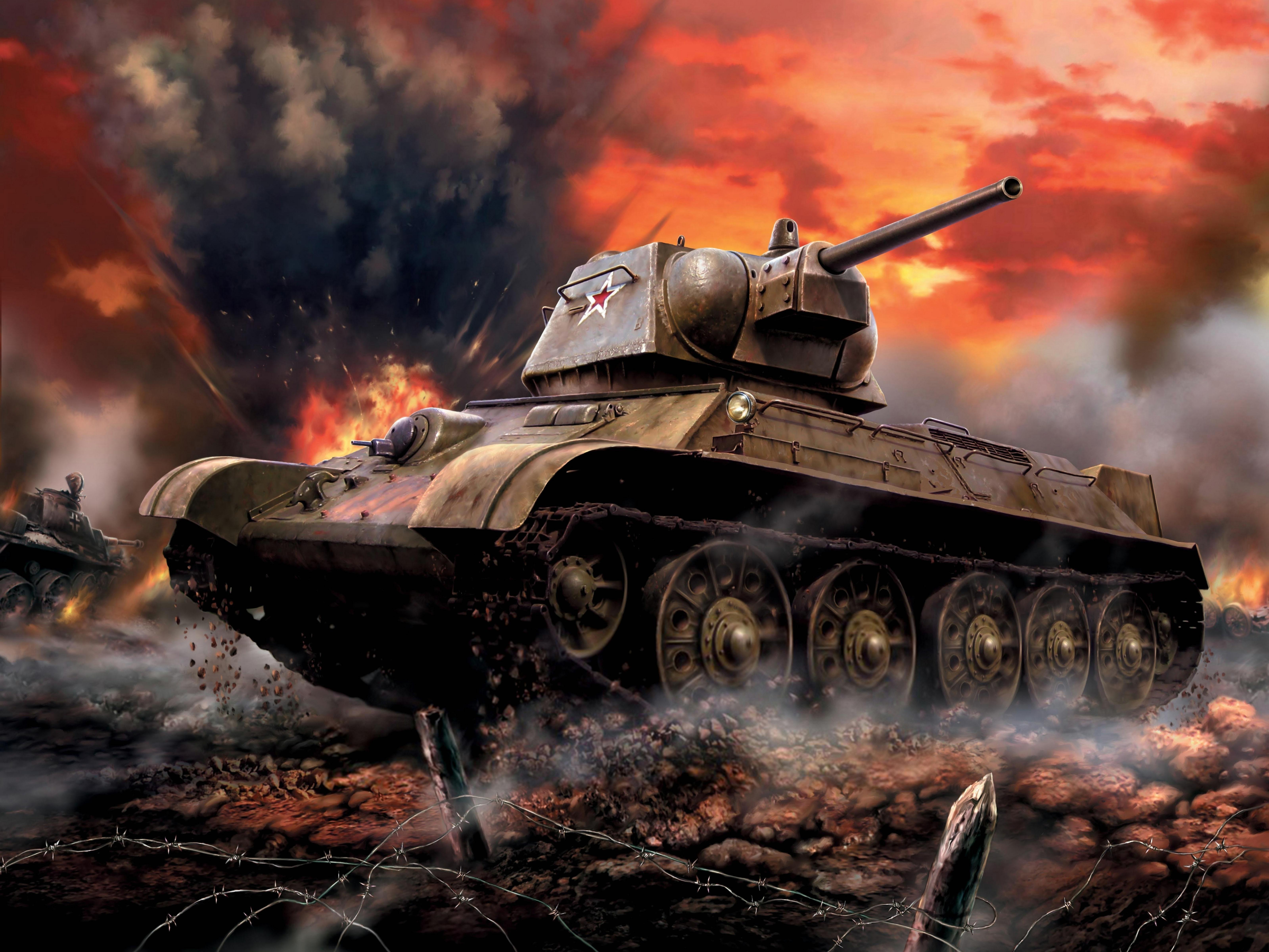 Photo T 34 Tanks T 34 76 Painting Art Army 6400x4800