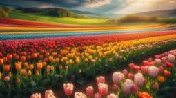 A field of tulips in different colors under a blue sky