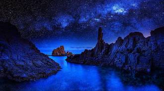 starry, stars, sea, water, reflection, landscape, rock, darkness