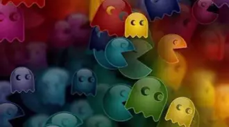 The ghost and a bunch of pacman it`s a rainbow