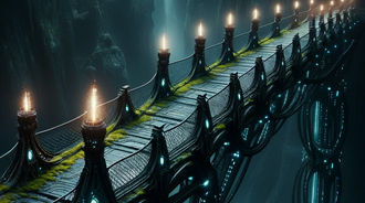 A dark, enigmatic bridge that spans a profound chasm. This bridge, crafted from ancient stone intertwined with modern dark metal, is accentuated with glowing moss. The pathway is lit by both age-old torches and advanced luminous pillars.