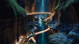 A tranquil, shadowy canyon where the waters mirror the celestial night sky. The rock faces are highlighted by glowing moss, and both age-old wooden bridges and modern lit pathways traverse the waters, linking the opposing sides.