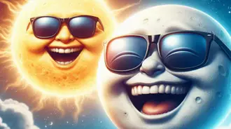 Image of the moon wearing sunglasses and laughing, with the sun in the background wearing sunglasses.