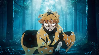 Zenitsu Agatsuma: Cosmic Flash – Advanced 4K Cinematic Wallpaper. High-impact blue lighting with cosmic nebulas, shattered ice elements, and precise abstract geometry compositing.