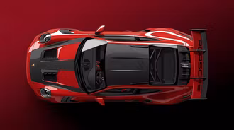 Top-Down Porsche 911 GT3 RS Supercar Illustration - A detailed overhead top-down digital render of a high-performance Porsche 911 GT3 RS featuring signature exposed carbon fiber bonnet stripes, carbon roof, visible interior roll cage, and large rear wing GT spoiler.