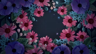 Dark Floral Moonlit Garden - An enchanting digital painterly artwork featuring a circular frame of vibrant pink daisies, deep violet poppies, and teal forget-me-nots set against a moody dark background illuminated by soft glowing orbs and subtle moonlight.
