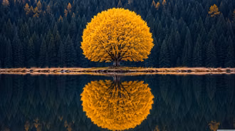 Scenic Alpine Lake With Lone Golden Tree