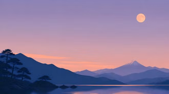 Twilight Mount Fuji Serenity Wallpaper - A peaceful Japanese-style digital vector landscape artwork depicting Mount Fuji's snow-capped peak silhouetted against a lavender and pastel orange twilight sky, framed by a full moon, calm lake reflections, and pine tree-lined ridges.