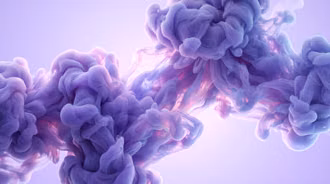 Purple Ink in Water Fluid Abstraction - A high-resolution 3D render depicting billowing clouds of vibrant purple and lilac acrylic ink swirling underwater, creating intricate fluid dynamics and soft organic plumes set against a pale lavender studio backdrop.