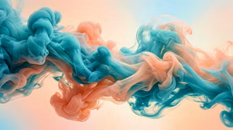 Fluid Ink Smoke Abstraction - A high-resolution 3D digital render featuring billowing plumes of vibrant acrylic ink expanding underwater, creating complex fluid dynamics, fine particle textures, and delicate swirling tendrils across a clean minimalist backdrop.