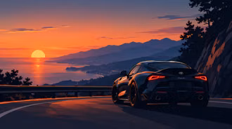 Sunset Coastal Drive Toyota GR Supra - A cinematic vector illustration of a sleek black Toyota GR Supra parked along a scenic mountain highway, overlooking a glowing orange ocean sunset and distant coastal city lights.