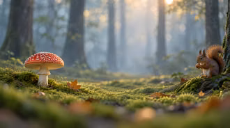 A dreamy forest scene featuring a vibrant fly agaric mushroom and a curious squirrel.