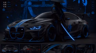 BMW M4 Widebody Samurai Concept Matte Black & Neon Blue Dane Concepts Nero AI Upscaler Face