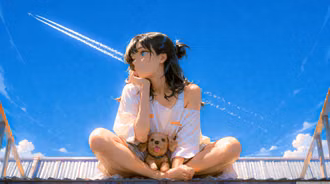 Anime Girl & Puppy In Blue Sky