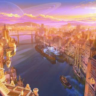 Anime sunrise cities wallpaper