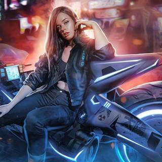 Cyberpunk futuristic girl motorcycle wallpaper
