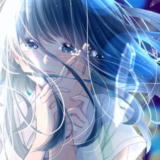Sad anime girl blue wallpaper