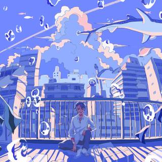 Aesthetic blue anime PC wallpaper