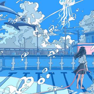 Aesthetic blue anime PC wallpaper