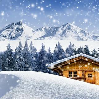 Romantic winter cabin wallpaper